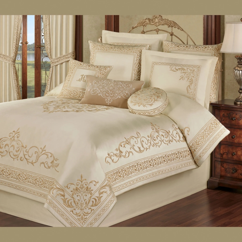 Comforter Set Scroll Embroidery Tasseled Pillows Pearl Finish Luxury