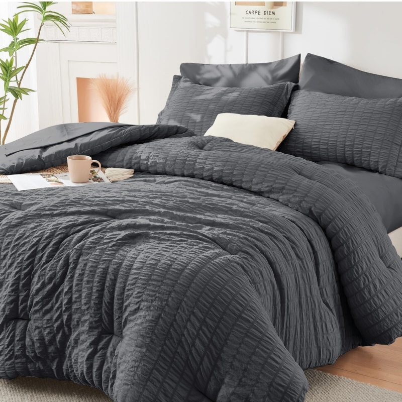 Comforter Set Seersucker Texture Bright White Palette White Bedding Set