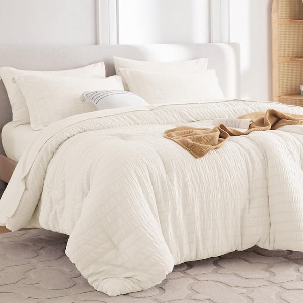 Comforter Set Seersucker Texture Ivory Puckered Design Cozy Bedding