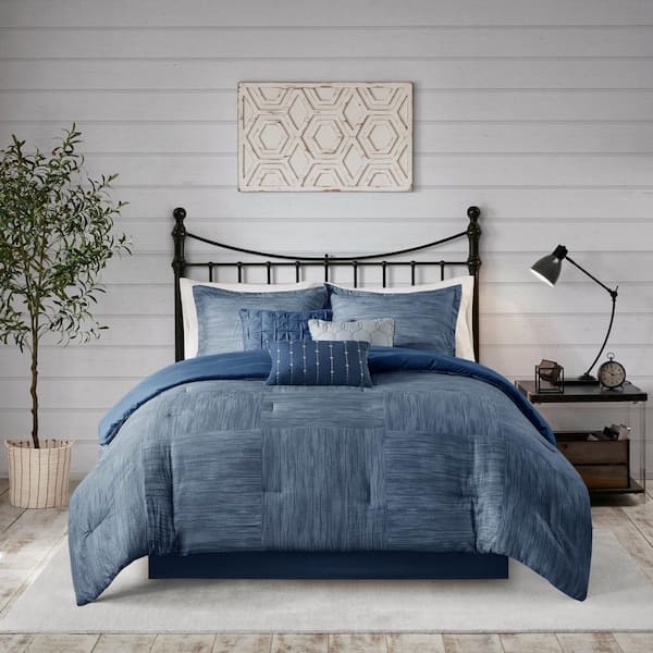 Comforter Set Seersucker Texture Navy Botanical Coastal