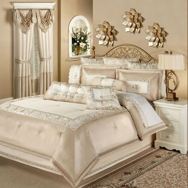 Comforter Set Sequined Scrollwork Elegant Cream Glam Traditional Bedding