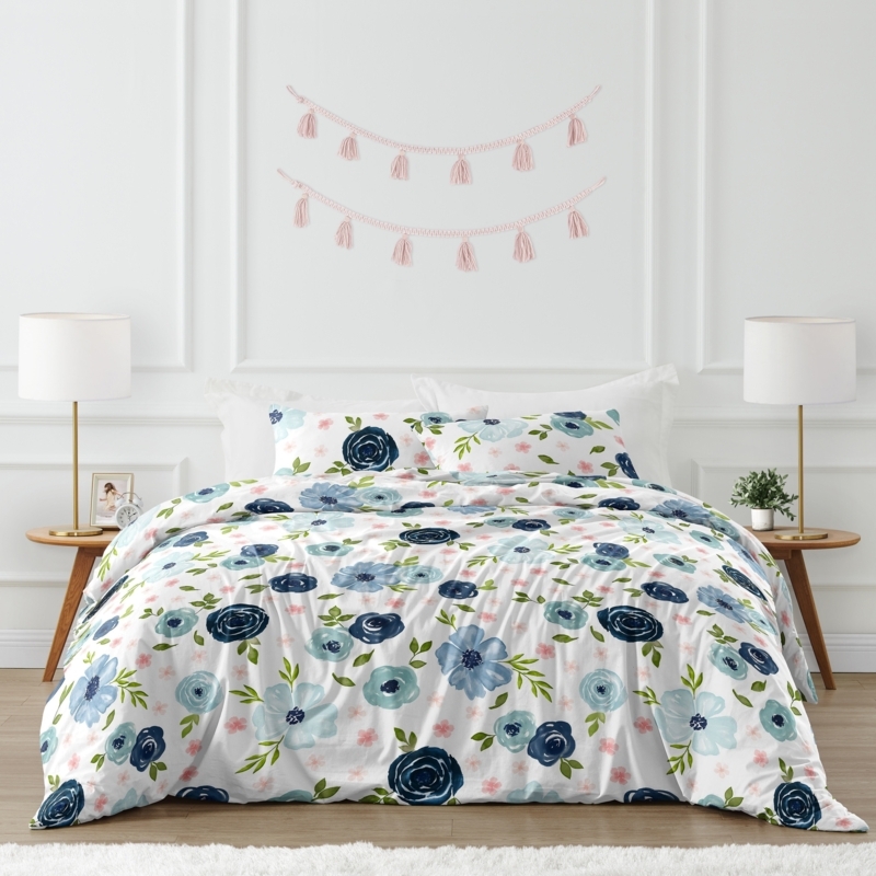Comforter Set Shabby Chic Navy Watercolor Floral Pattern Pink Accents