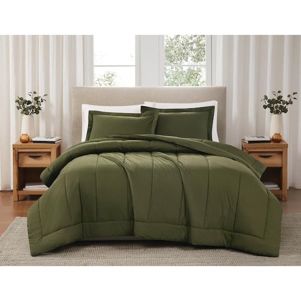Comforter Set Solid Olive Green Percale Weave Minimalist Earthy