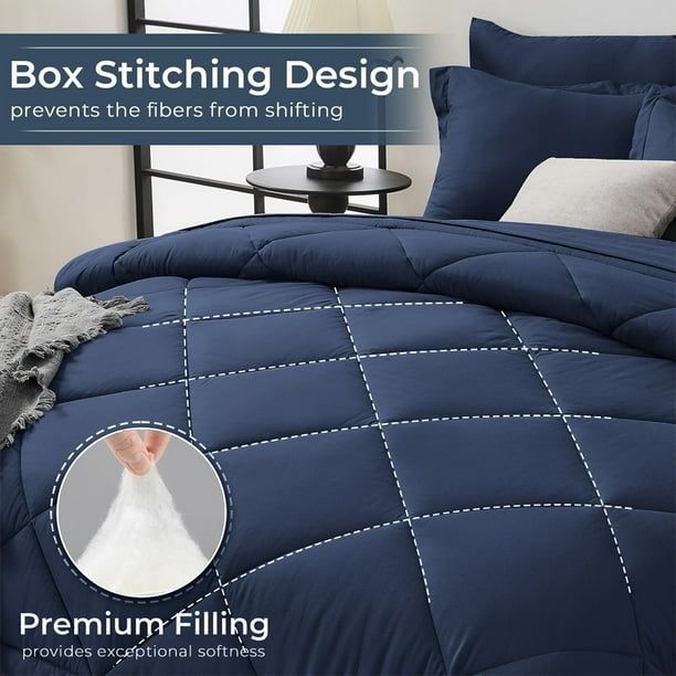 Comforter Set Square Quilted Pattern Minimalist Navy Fabric