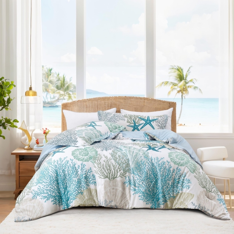 Comforter Set Starfish Print Seafoam Palette with Matching Shams