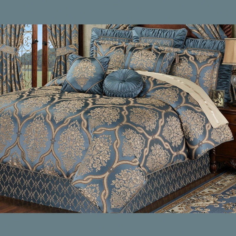 Comforter Set Steel Blue Damask Medallion Motif Luxury Bedding