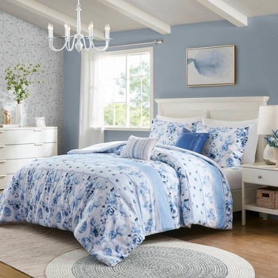 Comforter Set Striped And Floral Mix Transitional Coastal Style