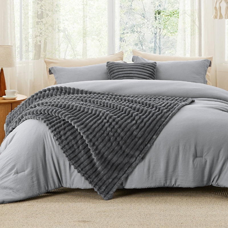 Comforter Set Tassel Accent Pillow Waffle Texture Throw Grey Bedding