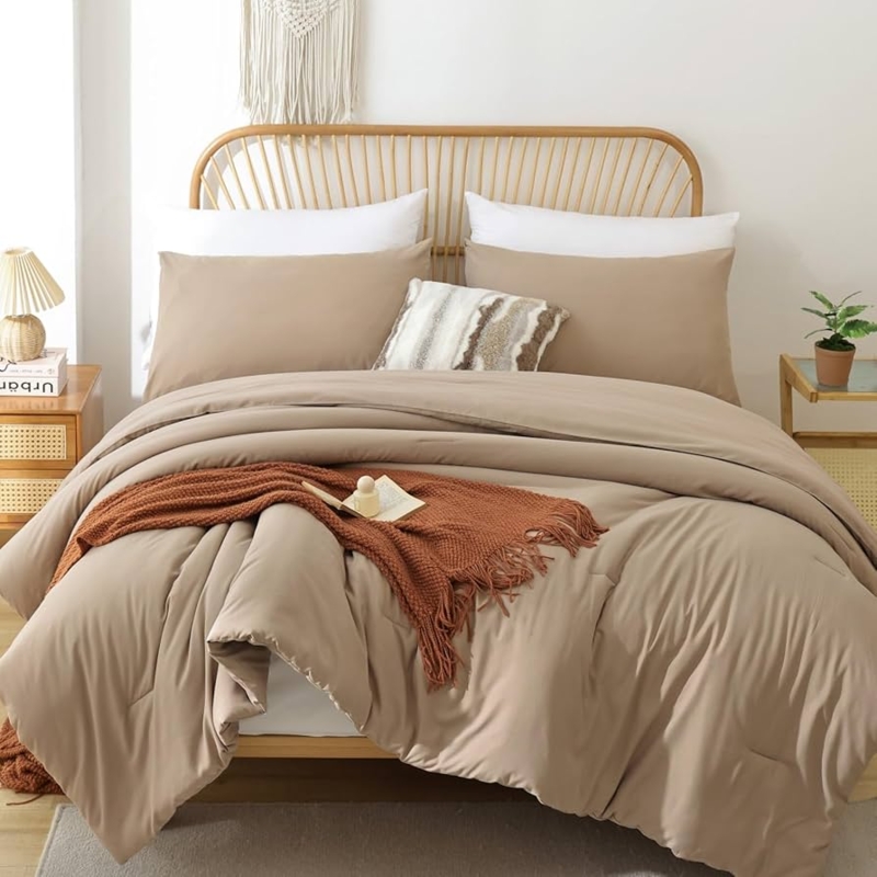 Comforter Set Taupe Box Stitching Boho Bedding Queen