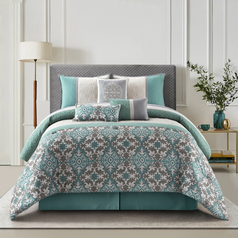 Comforter Set Teal Jacquard Damask, Pintucked Pillow