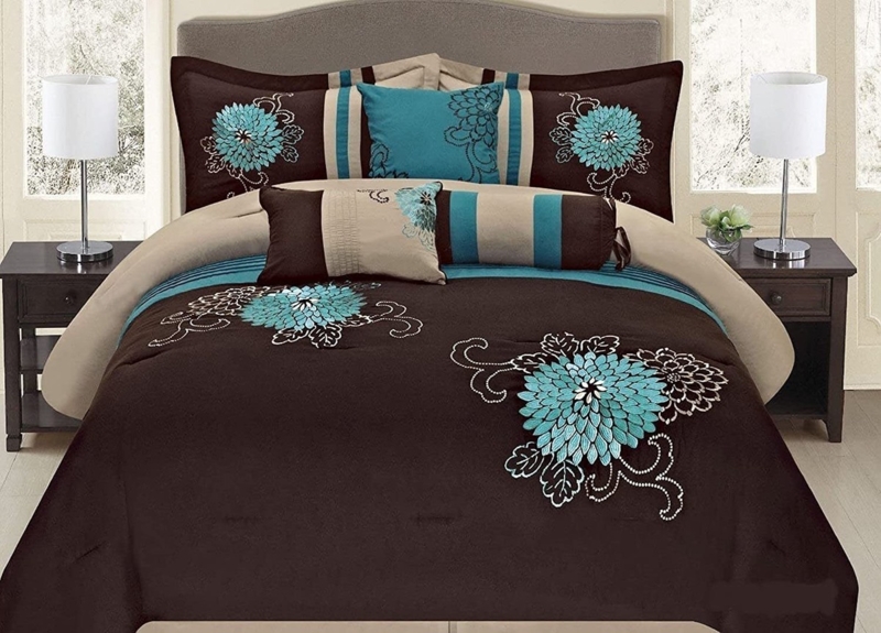 Comforter Set Teal Taupe Floral Embroidery Striped Border Traditional