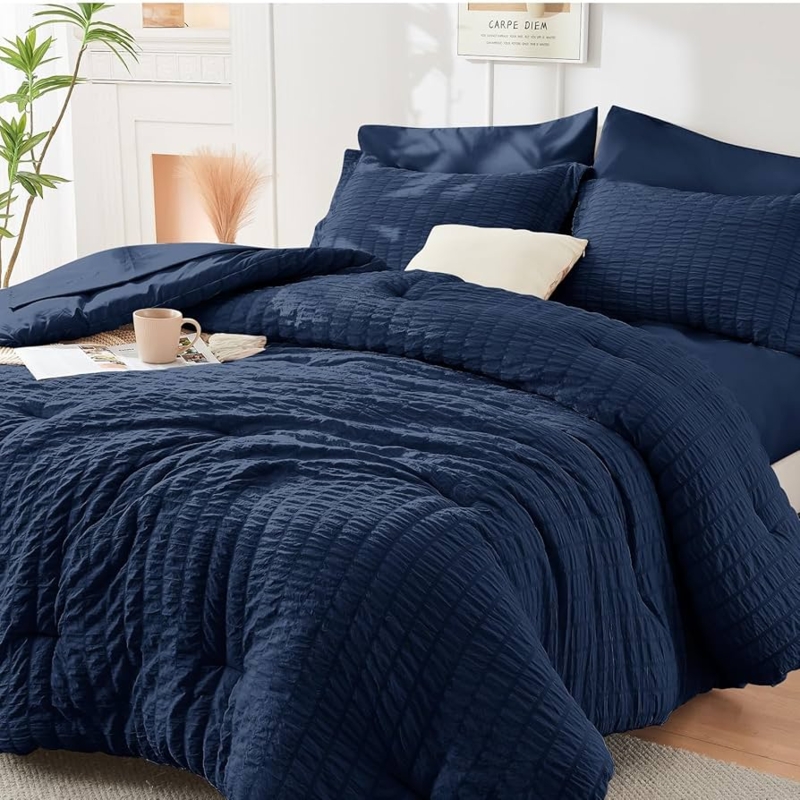 Comforter Set Textured Navy Seersucker Fabric with Puckered Weave
