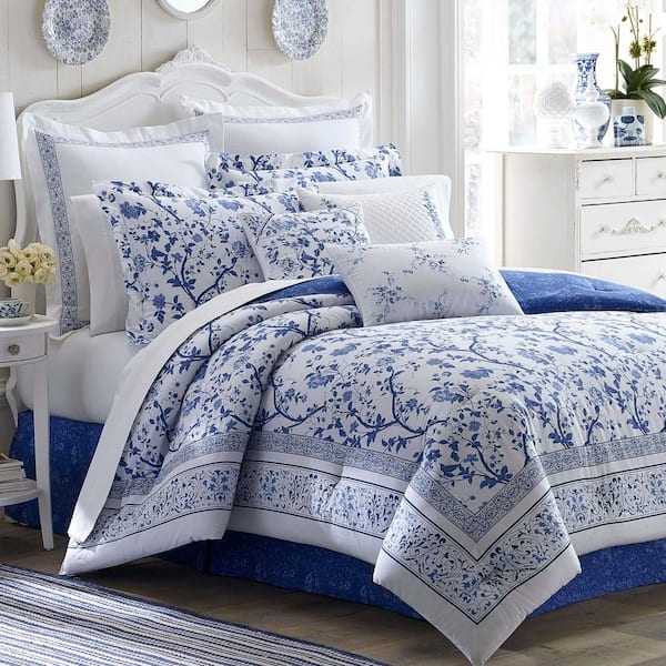 Comforter Set Toile Inspired Floral Classic Blue Cottage Style