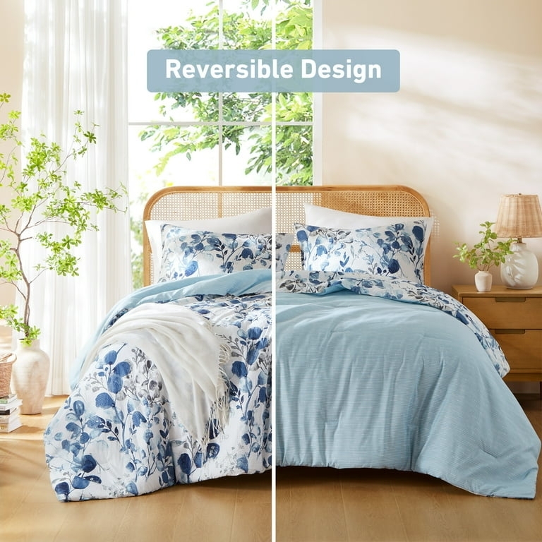 Comforter Set Traditional Botanical Seersucker Texture Floral Bedding