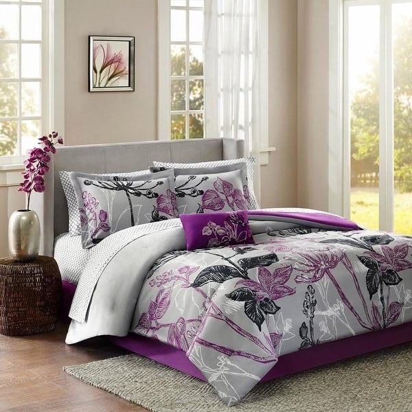 Comforter Set Traditional Purple Floral with Lavender Cotton Sheets