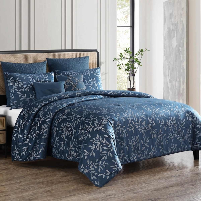 Comforter Set Transitional Decor Large Scale Botanical Print Navy