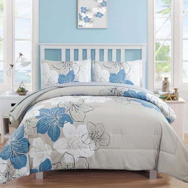 Comforter Set Transitional Floral Pleated Bed Skirt Queen
