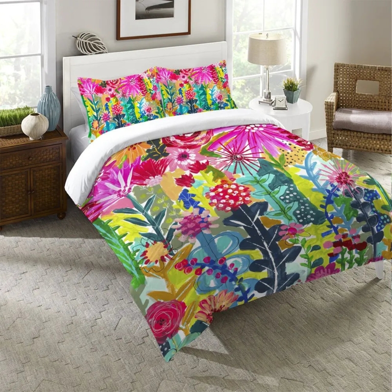 Comforter Set Vivid Floral Cluster High Contrast Print Vibrant Bedroom