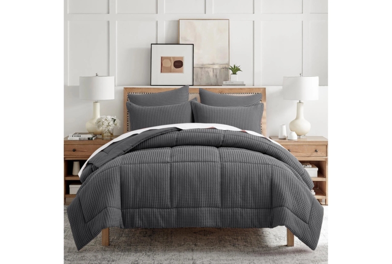 Comforter Set Waffle Weave Charcoal, Modern Cotton