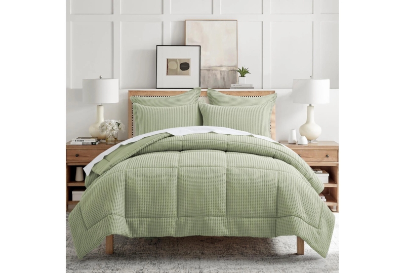 Comforter Set Waffle Weave Texture Sage Green Earthy Minimalist