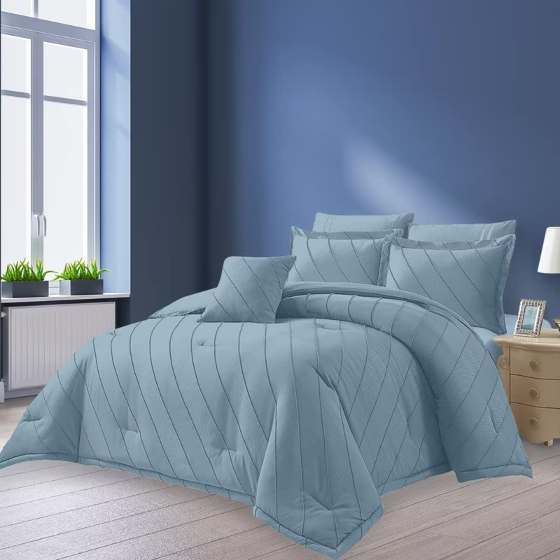 Comforter Set Wave Stitching Light Blue Hue Cozy Coastal Bedroom Bedding