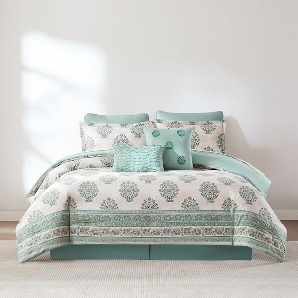 Comforter Set White Floral Block Print Reversible Cottage Style