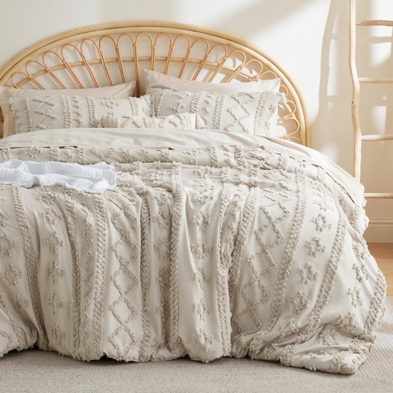 Comforter Set White Linen-Like Embroidered Texture Boho Bedding