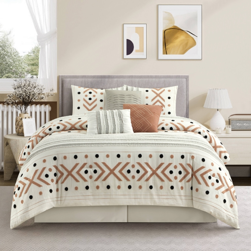 Comforter Set White Multi-Piece Geometric Tufted Texture Boho Concept