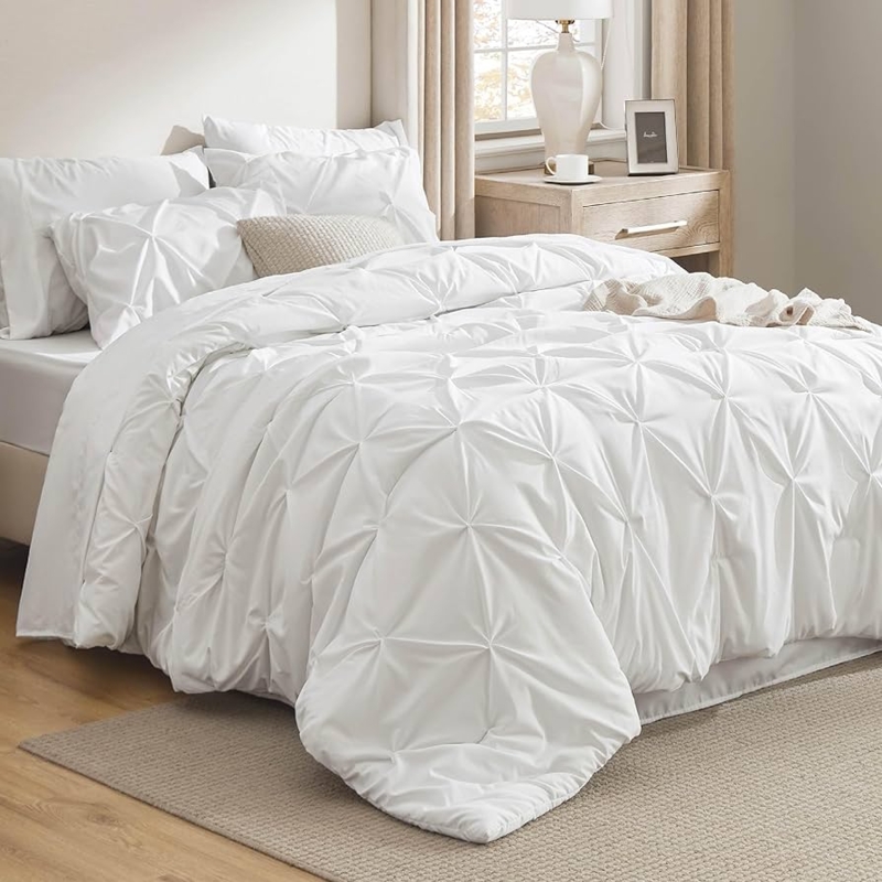 Comforter Set White Pinch Pleat Pintuck Detail Contemporary Bedding