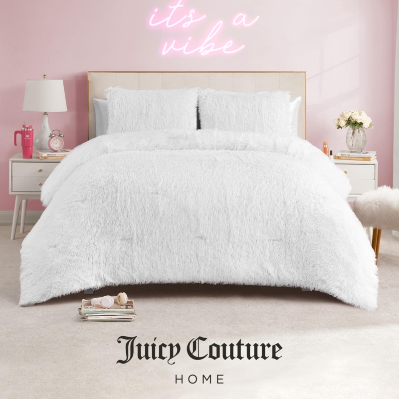 Comforter Set White Shaggy Faux Fur Embroidered Logo Glamorous
