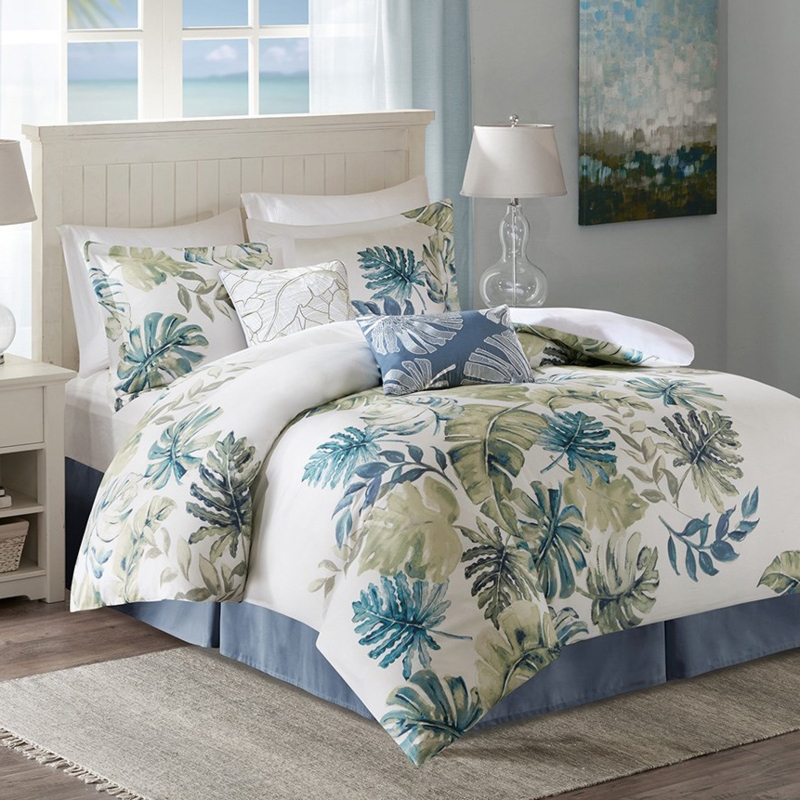 Comforter Set with Coordinated Coral Print & Embroidered Detail.