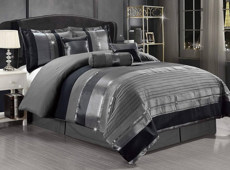 Comforter Set with Grey & Silver Metallic Stripes & Jacquard Woven Texture