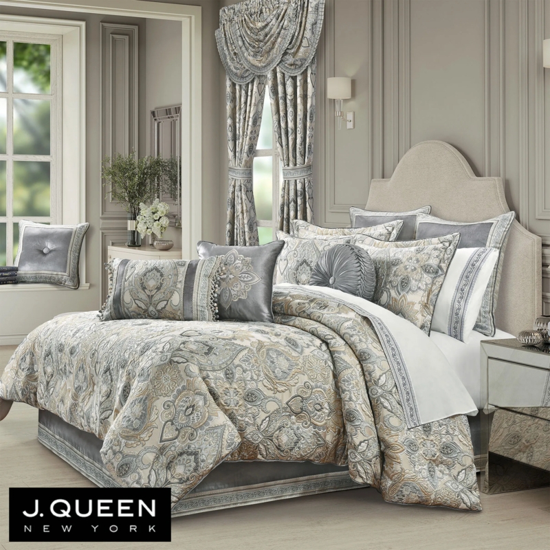 Comforter Set with Large Scale Jacquard Damask, Metallic Silver Highlights & Tassels