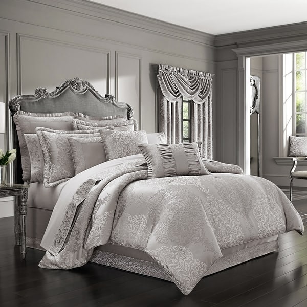 Comforter Set with Ornate Silver Damask Pattern, Fringe Trim & Beaded Accents