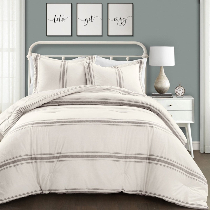 Comforter Set with Pleated Bottom Border, Gray Ticking Stripe Set