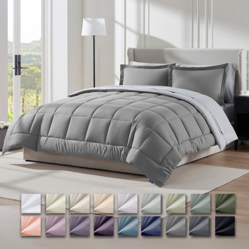 Comforter Set with Reversible Design: Gray and White Medallion Bedding