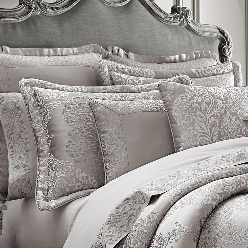 Comforter Set with Scrolling Medallions, Metallic Silver Sheen & Pleated Skirt