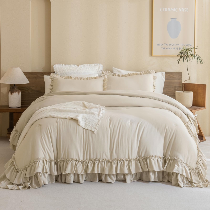 Comforter Set with Tiered Ruffles, Farmhouse Bedroom Ruffled Comforter