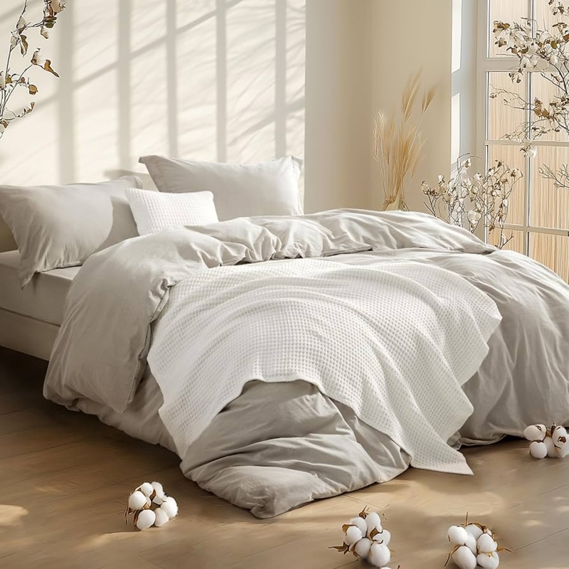 Comforter Set with Waffle Weave Throw, Layered Neutral Bedding Styling