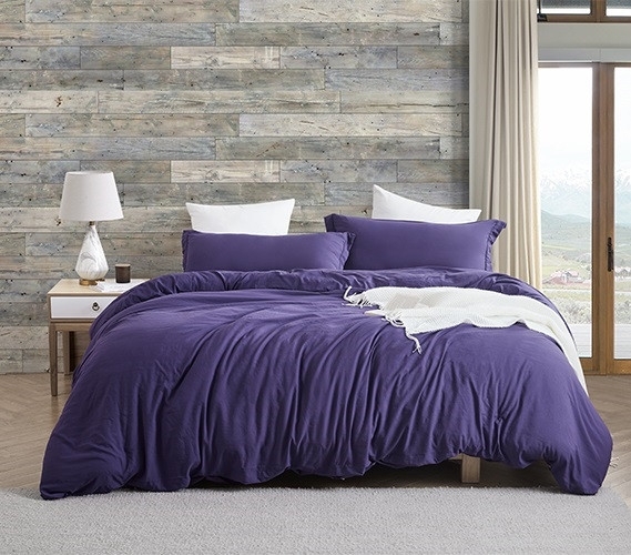 Comforter with Washed Microfiber Texture. Moody Purple Bedroom Bedding.