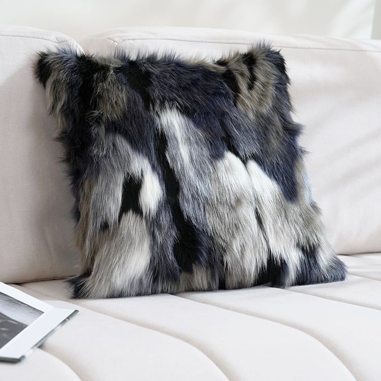 Contemporary Blue Faux Fur Pillows, Velvet Contrast Set