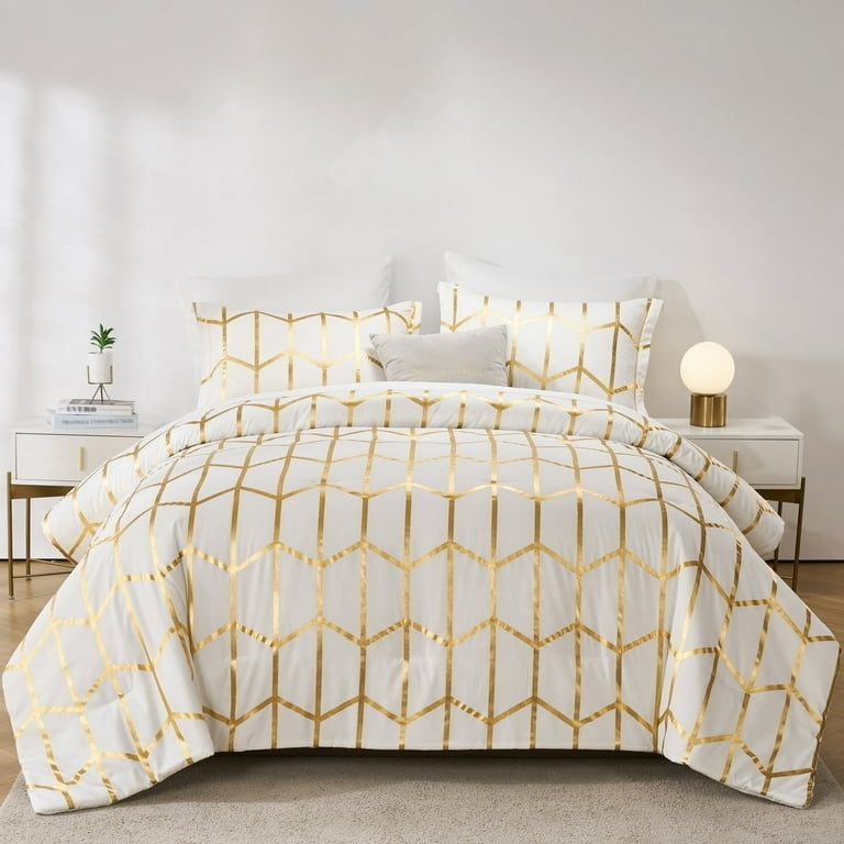 Contemporary Luxury Grey Comforter Set Gold Geometric Stripes Metallic