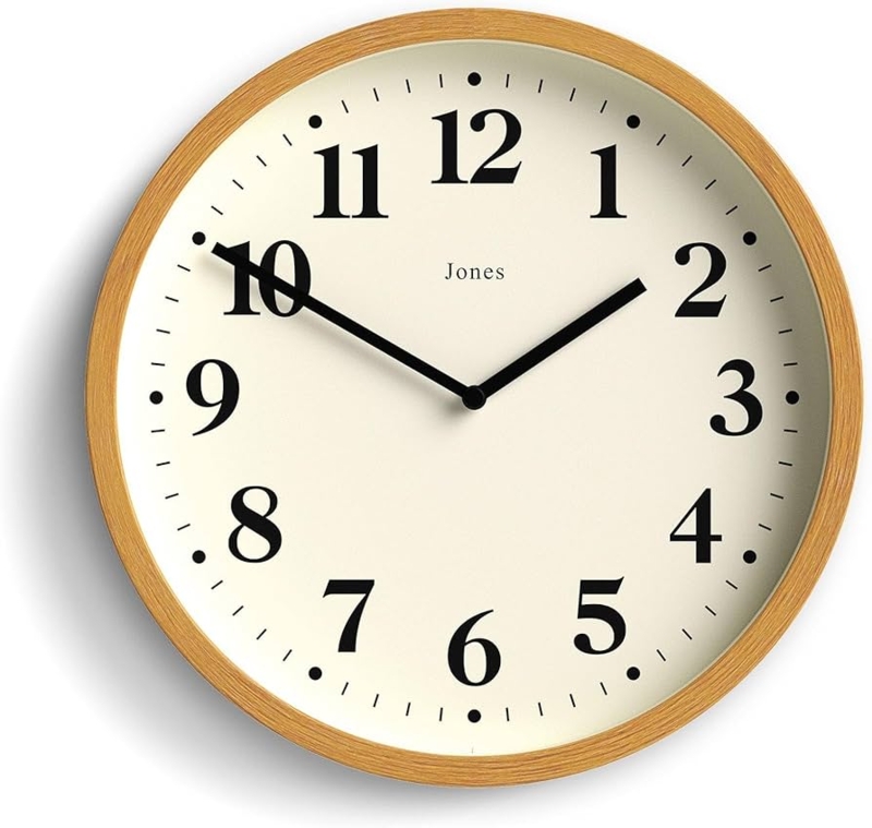 Contemporary Wall Clock with Light Wood Frame, White Dial, Red Hand