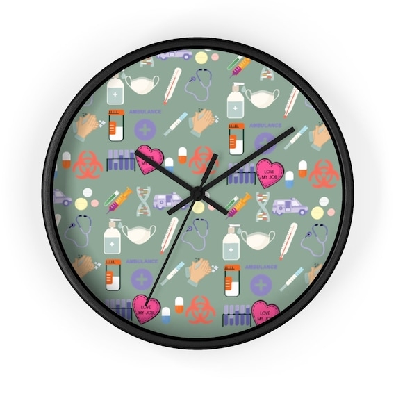 Contemporary Wall Clock with Nurse Themed Icons and Wood Toned Face