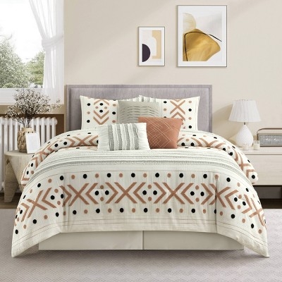 Contemporary White Taupe Comforter Set Geometric Embroidery Pleated