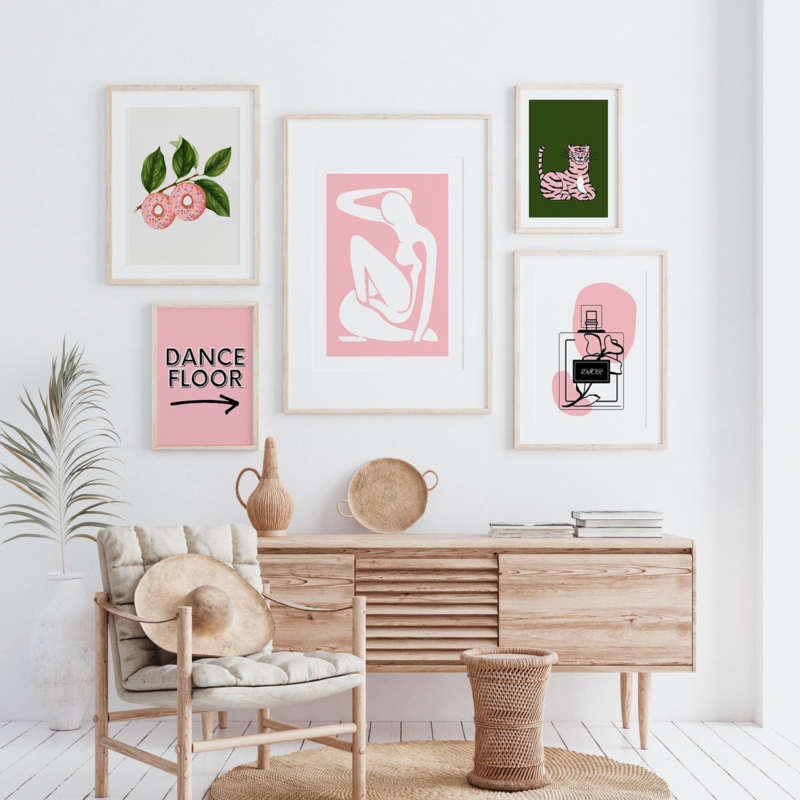 Coordinated Pink and Green Gallery Wall Art Set Matisse Style