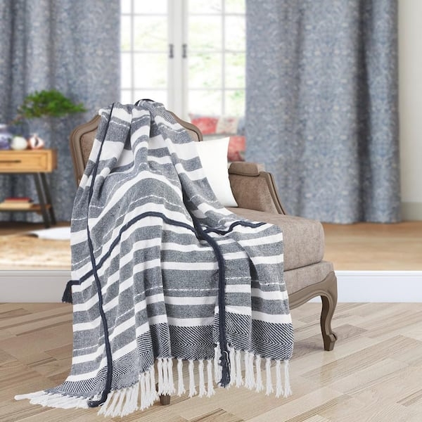 Cotton Throw Blanket Knotted Fringe Navy White Stripes, Coastal Style