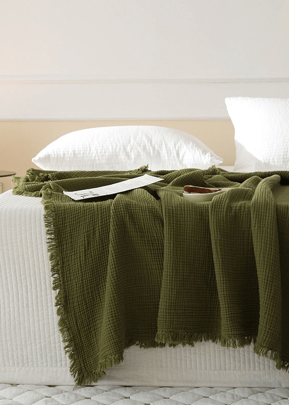 Cotton Throw Blanket Moss Green Honeycomb Waffle Weave Fringed