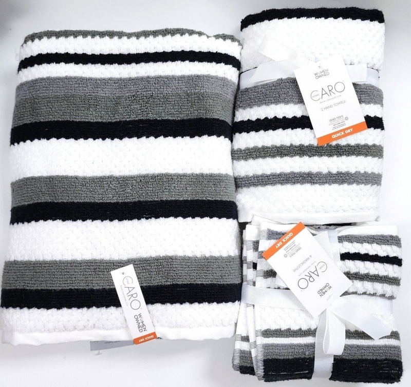 Cotton Towel Set, 3-Piece Monochromatic with Gray Stripes.