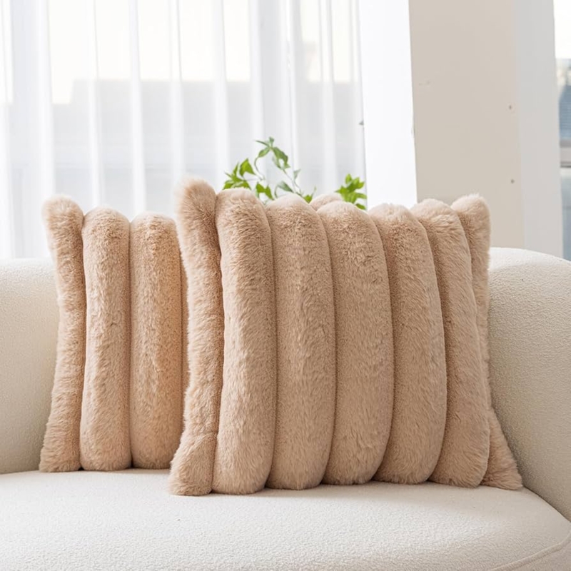 Cozy Cream Throw Pillow Set featuring Shaggy Faux Fur Texture.
